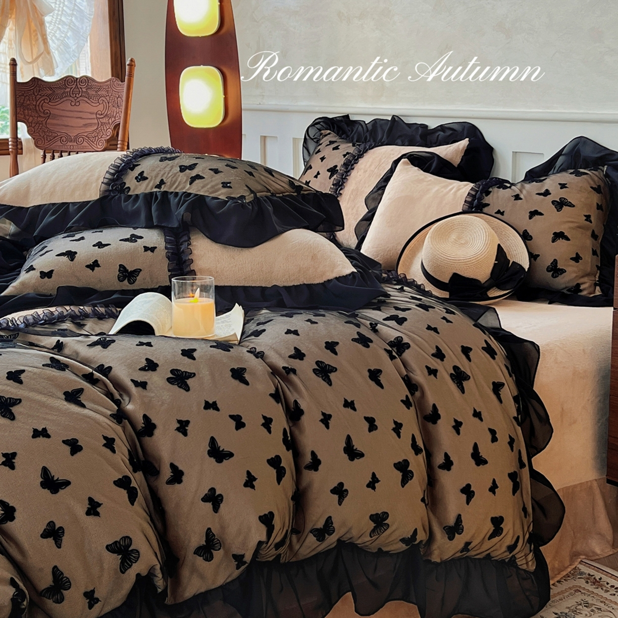 91家纺网 家纺一手货源 找家纺 韩秀家纺 2025新款法式加厚牛奶绒莫奈花园床裙四件套 莫奈花园-咖