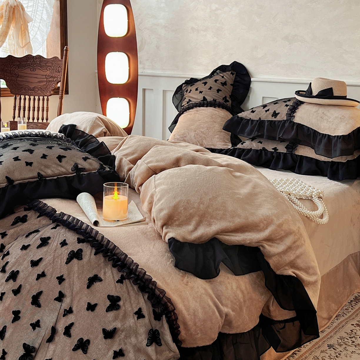 91家纺网 家纺一手货源 找家纺 韩秀家纺 2025新款法式加厚牛奶绒莫奈花园床裙四件套 莫奈花园-咖