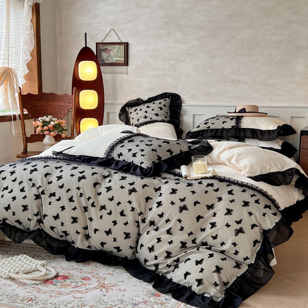 韩秀家纺 2025新款法式加厚牛奶绒莫奈花园床裙四件套 莫奈花园-米