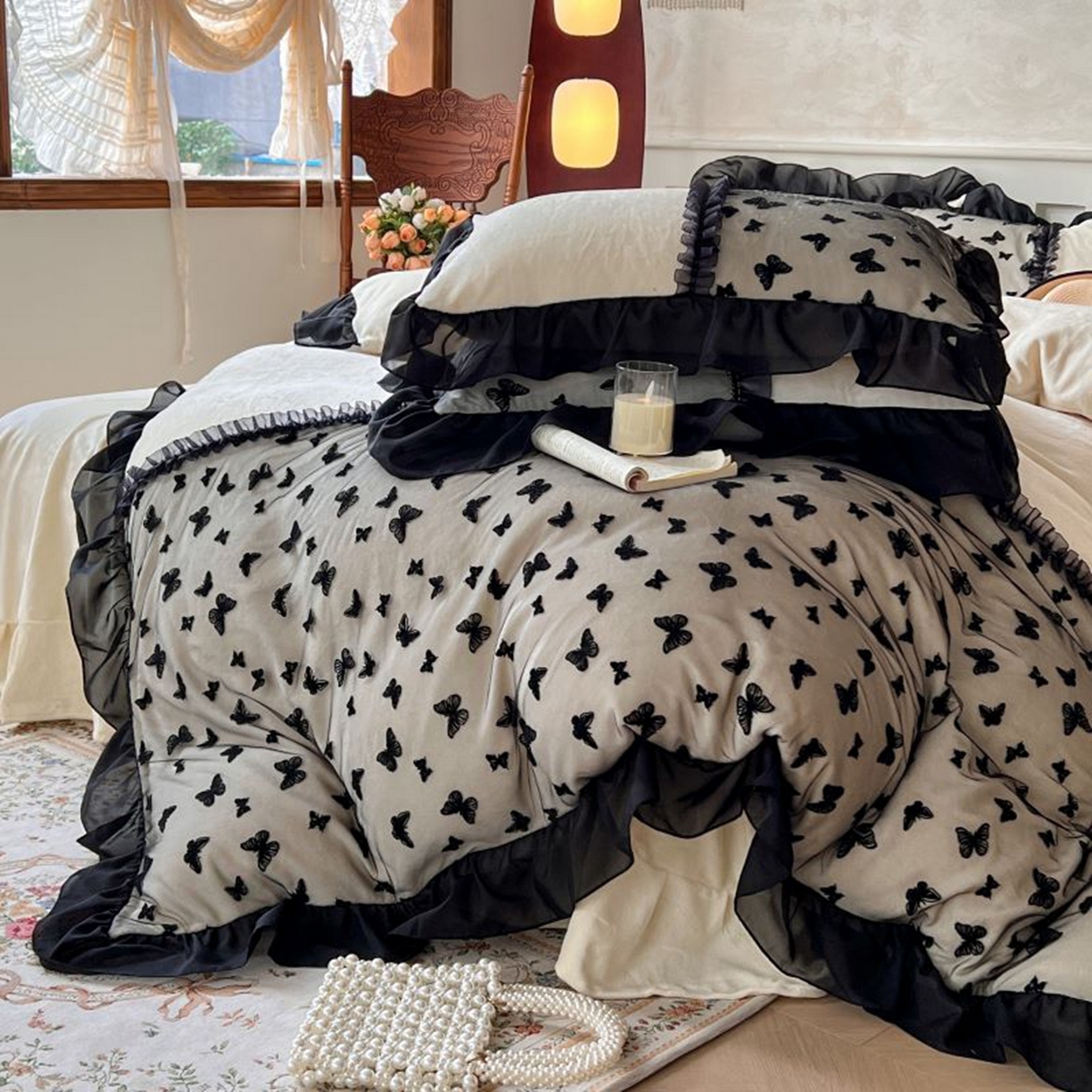 91家纺网 家纺一手货源 找家纺 韩秀家纺 2025新款法式加厚牛奶绒莫奈花园床裙四件套 莫奈花园-米