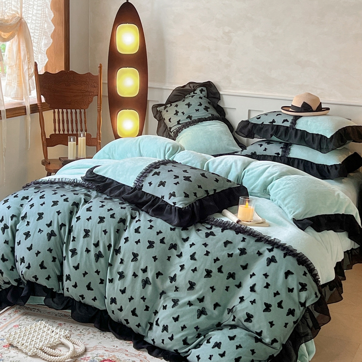 韩秀家纺 2025新款法式加厚牛奶绒莫奈花园床裙四件套 莫奈花园-青色