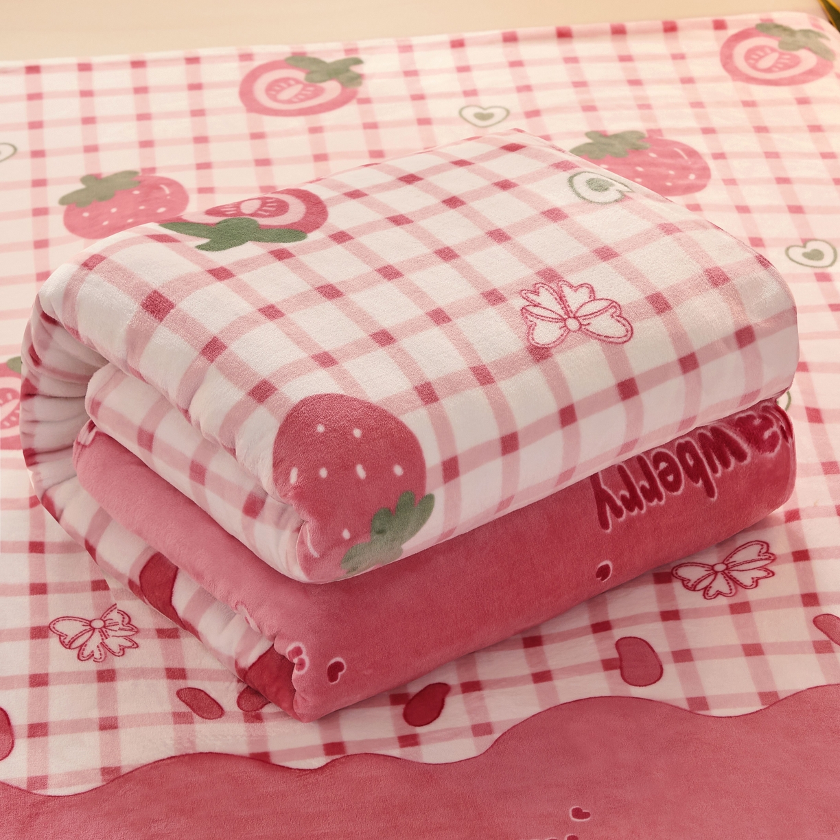 91家纺网 家纺一手货源 找家纺 益利多 2025新款牛奶绒毛毯午睡毯空调毯子珊瑚绒毛毯200克毯子可压缩跨境 草莓格子