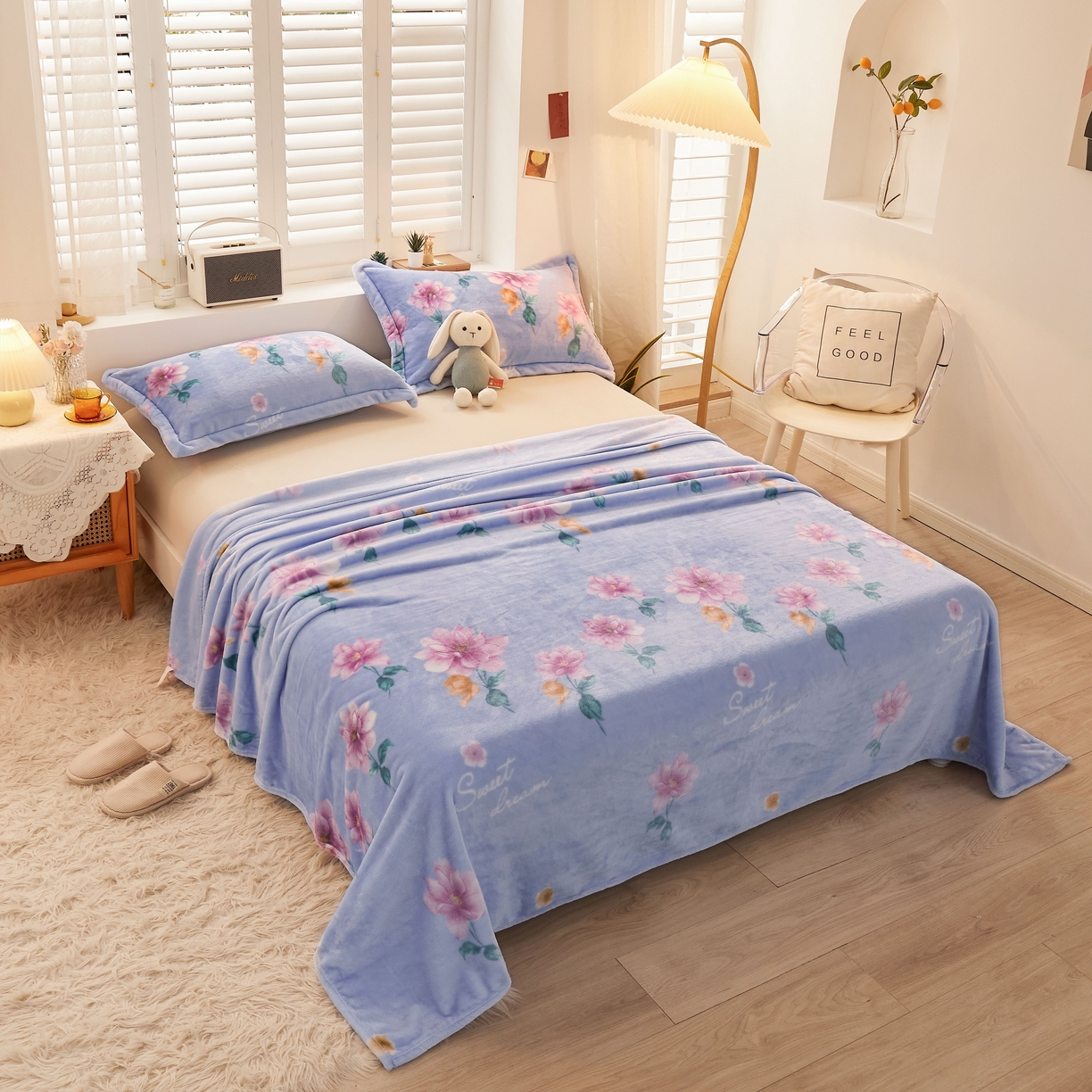 91家纺网 家纺一手货源 找家纺 益利多 2025新款牛奶绒毛毯午睡毯空调毯子珊瑚绒毛毯200克毯子可压缩跨境 浪漫花园