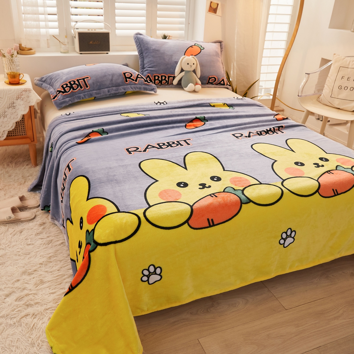 91家纺网 家纺一手货源 找家纺 益利多 2025新款牛奶绒毛毯午睡毯空调毯子珊瑚绒毛毯200克毯子可压缩跨境 萝卜兔