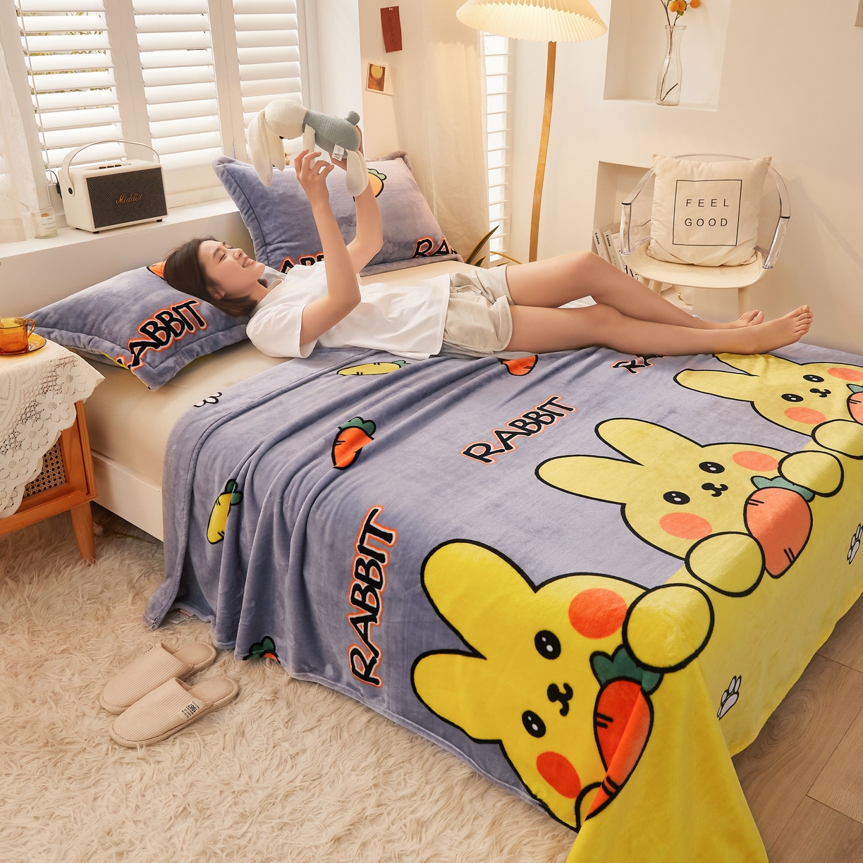 91家纺网 家纺一手货源 找家纺 益利多 2025新款牛奶绒毛毯午睡毯空调毯子珊瑚绒毛毯200克毯子可压缩跨境 萝卜兔