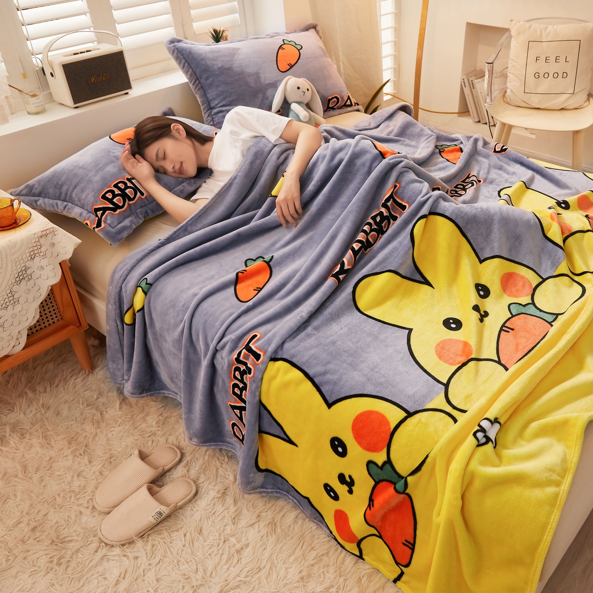 91家纺网 家纺一手货源 找家纺 益利多 2025新款牛奶绒毛毯午睡毯空调毯子珊瑚绒毛毯200克毯子可压缩跨境 萝卜兔