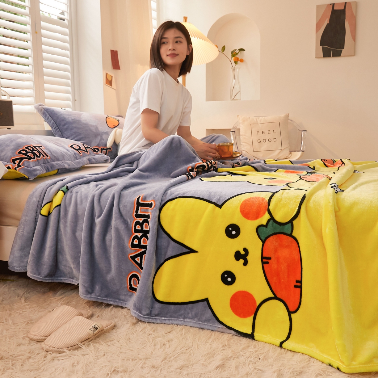 91家纺网 家纺一手货源 找家纺 益利多 2025新款牛奶绒毛毯午睡毯空调毯子珊瑚绒毛毯200克毯子可压缩跨境 萝卜兔