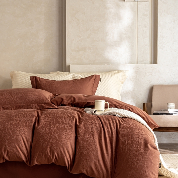 91家纺网 家纺一手货源 找家纺 莱豫家纺 2025新款100支长绒棉纯棉提花磨毛四件套 暮迟秘鲁棕