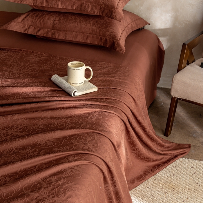 91家纺网 家纺一手货源 找家纺 莱豫家纺 2025新款100支长绒棉纯棉提花磨毛四件套 暮迟秘鲁棕