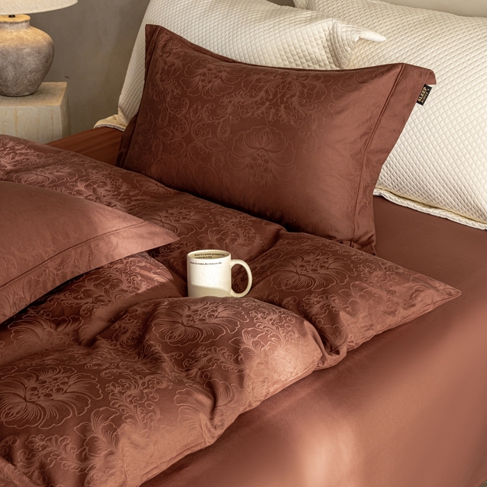 91家纺网 家纺一手货源 找家纺 莱豫家纺 2025新款100支长绒棉纯棉提花磨毛四件套 暮迟秘鲁棕