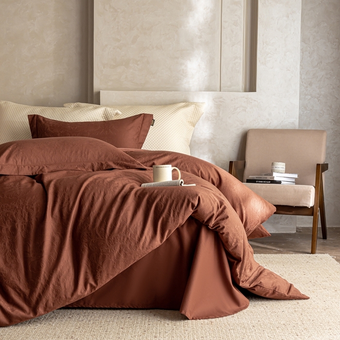 91家纺网 家纺一手货源 找家纺 莱豫家纺 2025新款100支长绒棉纯棉提花磨毛四件套 暮迟秘鲁棕