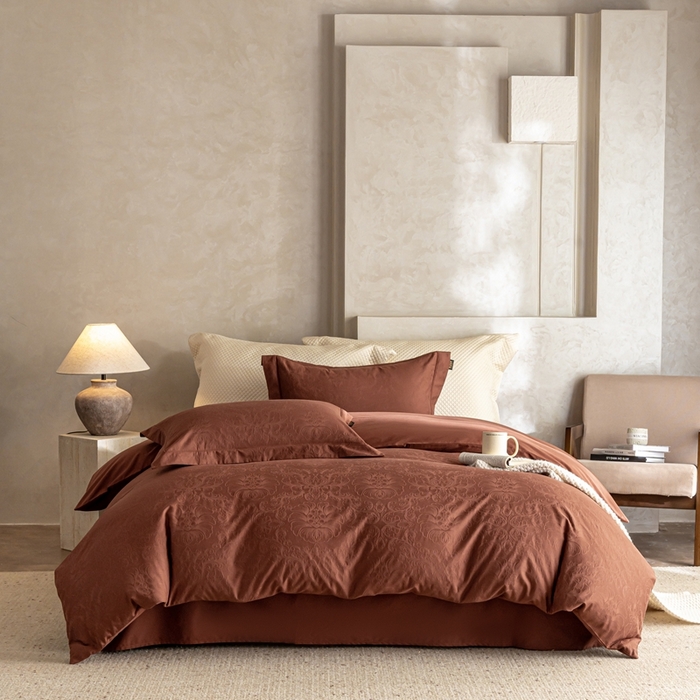 91家纺网 家纺一手货源 找家纺 莱豫家纺 2025新款100支长绒棉纯棉提花磨毛四件套 暮迟秘鲁棕