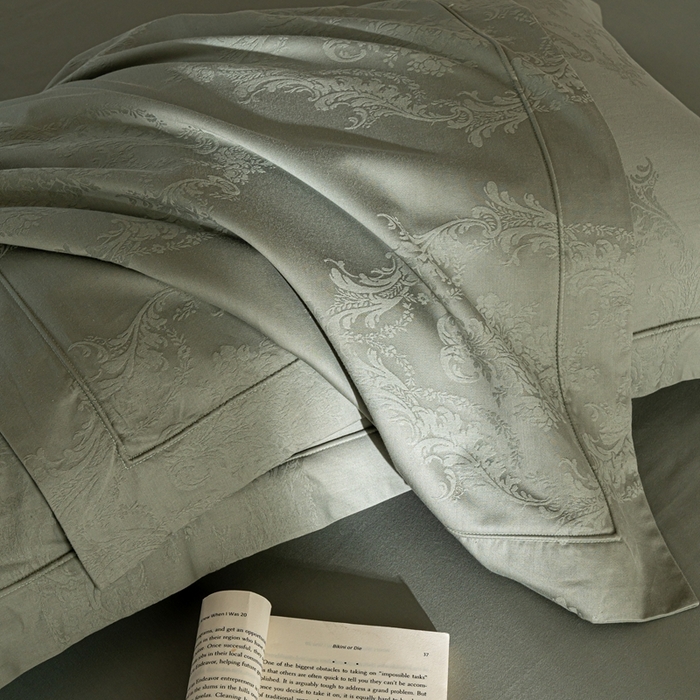 91家纺网 家纺一手货源 找家纺 莱豫家纺 2025新款100支长绒棉纯棉提花磨毛四件套 托卡庄园柳烟绿