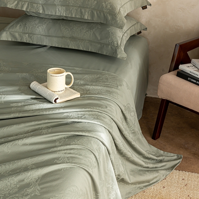 91家纺网 家纺一手货源 找家纺 莱豫家纺 2025新款100支长绒棉纯棉提花磨毛四件套 托卡庄园柳烟绿