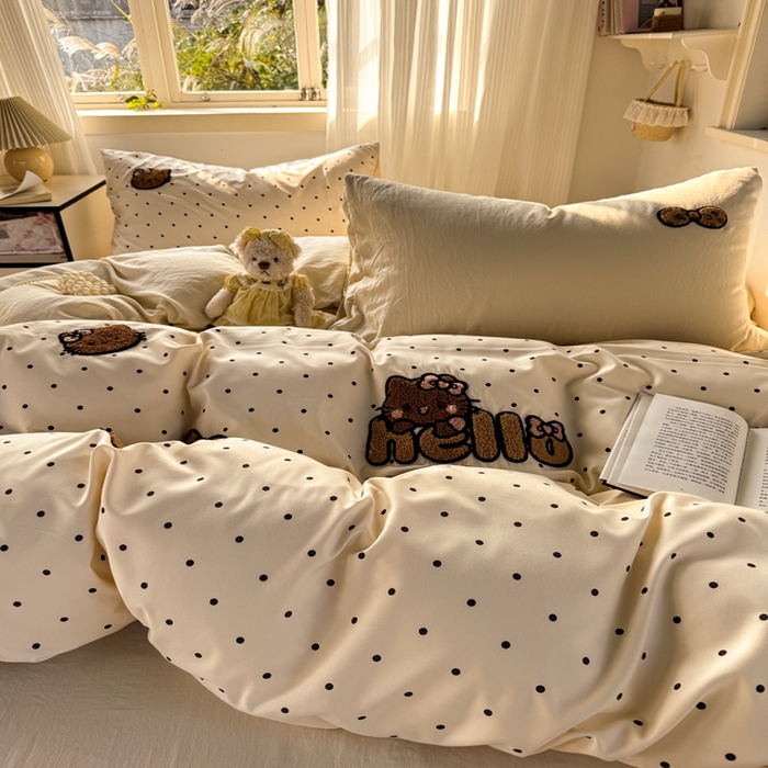 91家纺网 家纺一手货源 找家纺 优兰朵 2025新款水洗棉印花毛巾绣四件套 豹纹凯蒂