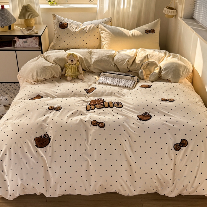 91家纺网 家纺一手货源 找家纺 优兰朵 2025新款水洗棉印花毛巾绣四件套 豹纹凯蒂