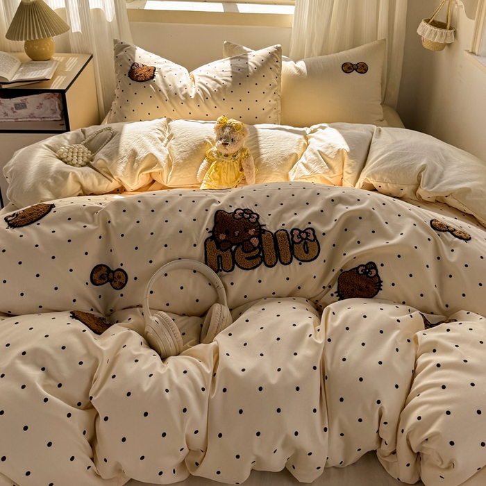 91家纺网 家纺一手货源 找家纺 优兰朵 2025新款水洗棉印花毛巾绣四件套 豹纹凯蒂