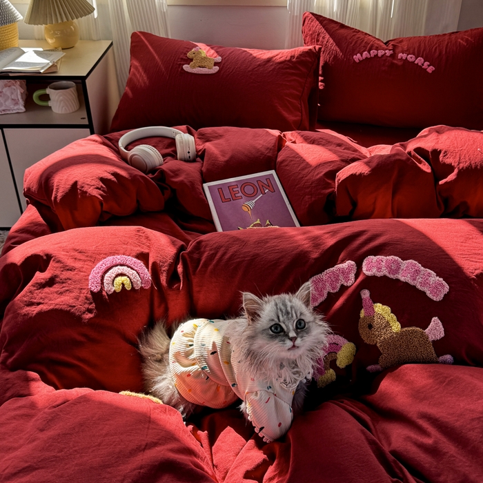 91家纺网 家纺一手货源 找家纺 优兰朵 2025新款水洗棉印花毛巾绣四件套 新年小马