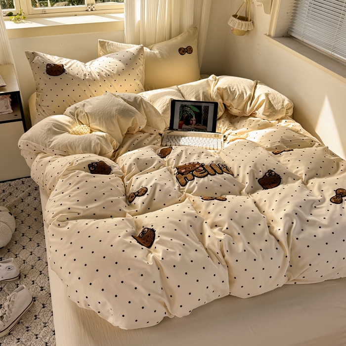 91家纺网 家纺一手货源 找家纺 优兰朵 2025新款水洗棉印花毛巾绣四件套 豹纹凯蒂