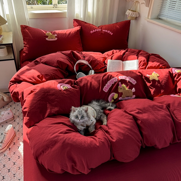 优兰朵 2025新款水洗棉印花毛巾绣四件套 新年小马