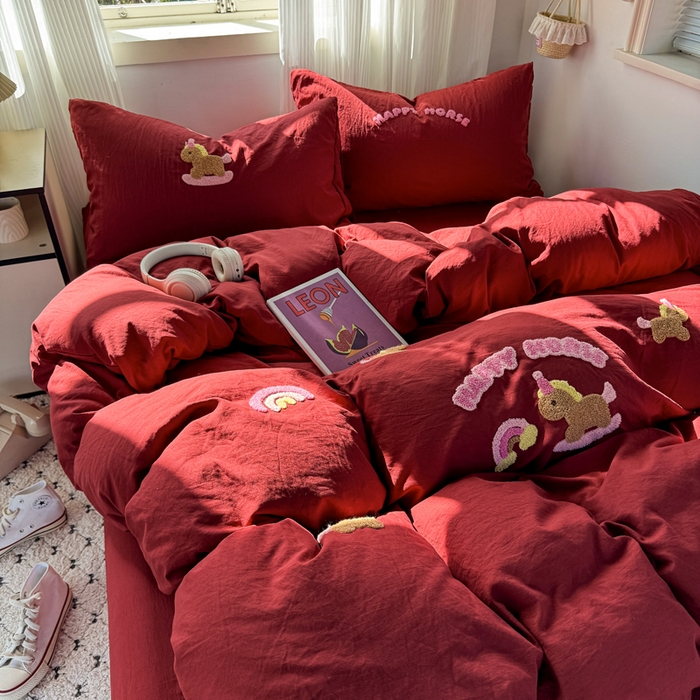 91家纺网 家纺一手货源 找家纺 优兰朵 2025新款水洗棉印花毛巾绣四件套 新年小马