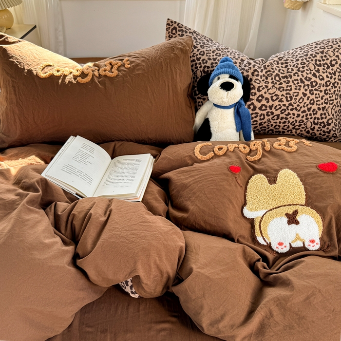 91家纺网 家纺一手货源 找家纺 优兰朵 2025新款水洗棉印花毛巾绣四件套 奶豹小狗