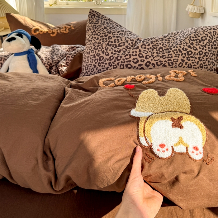 91家纺网 家纺一手货源 找家纺 优兰朵 2025新款水洗棉印花毛巾绣四件套 奶豹小狗