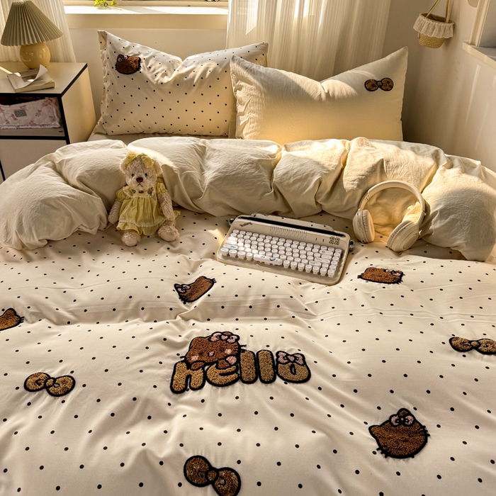 91家纺网 家纺一手货源 找家纺 优兰朵 2025新款水洗棉印花毛巾绣四件套 豹纹凯蒂