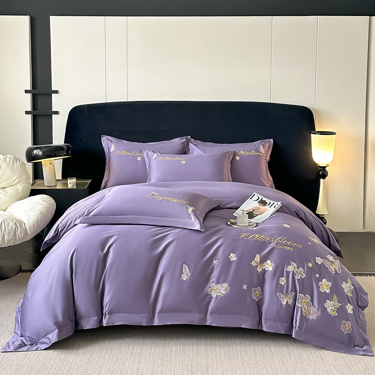 91家纺网 家纺一手货源 找家纺 （总）卡诗兰 2025新款A类50S双股全棉贡缎长绒棉刺绣四件套-飞舞蝴蝶系列(高档礼盒装)