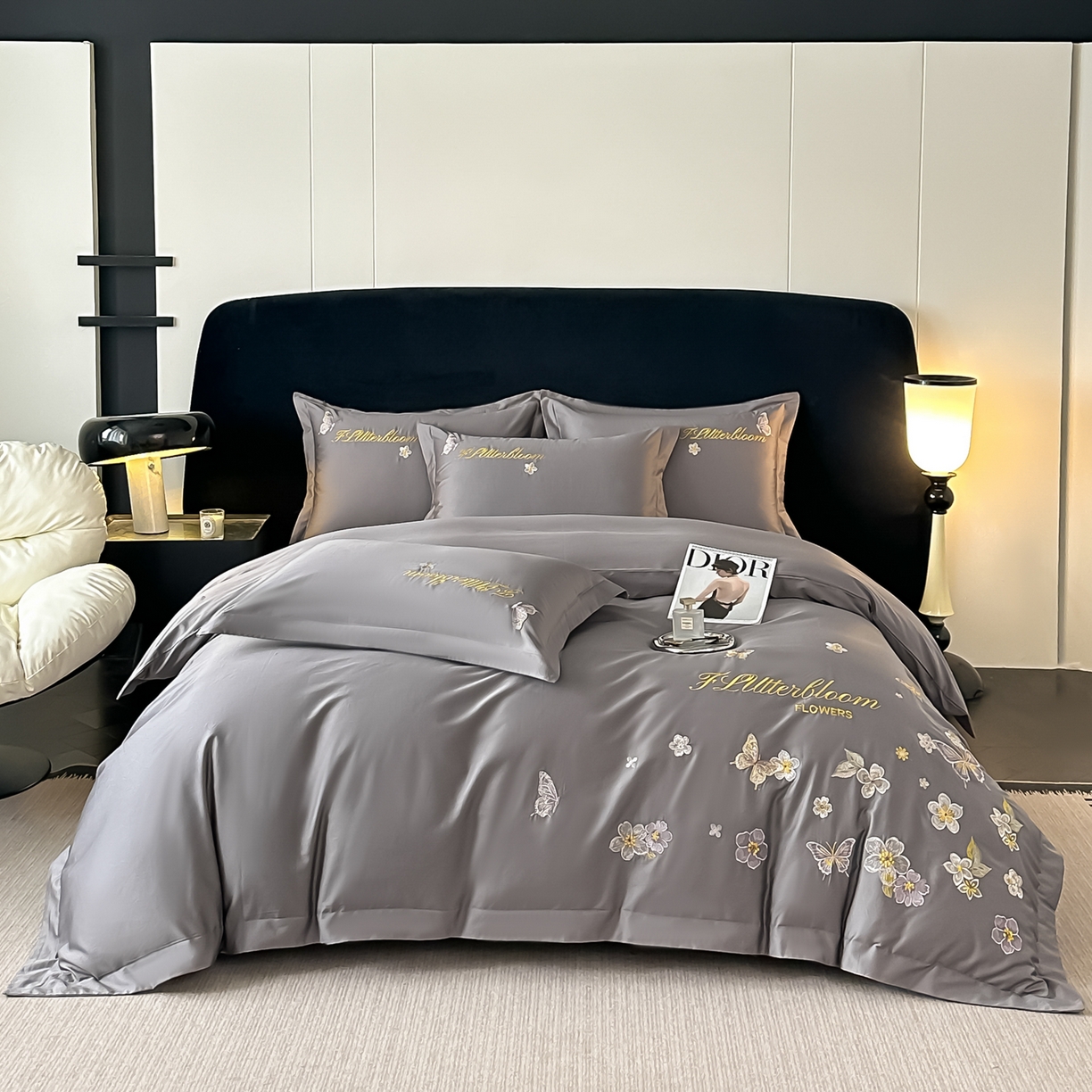 91家纺网 家纺一手货源 找家纺 （总）卡诗兰 2025新款A类50S双股全棉贡缎长绒棉刺绣四件套-飞舞蝴蝶系列(高档礼盒装)