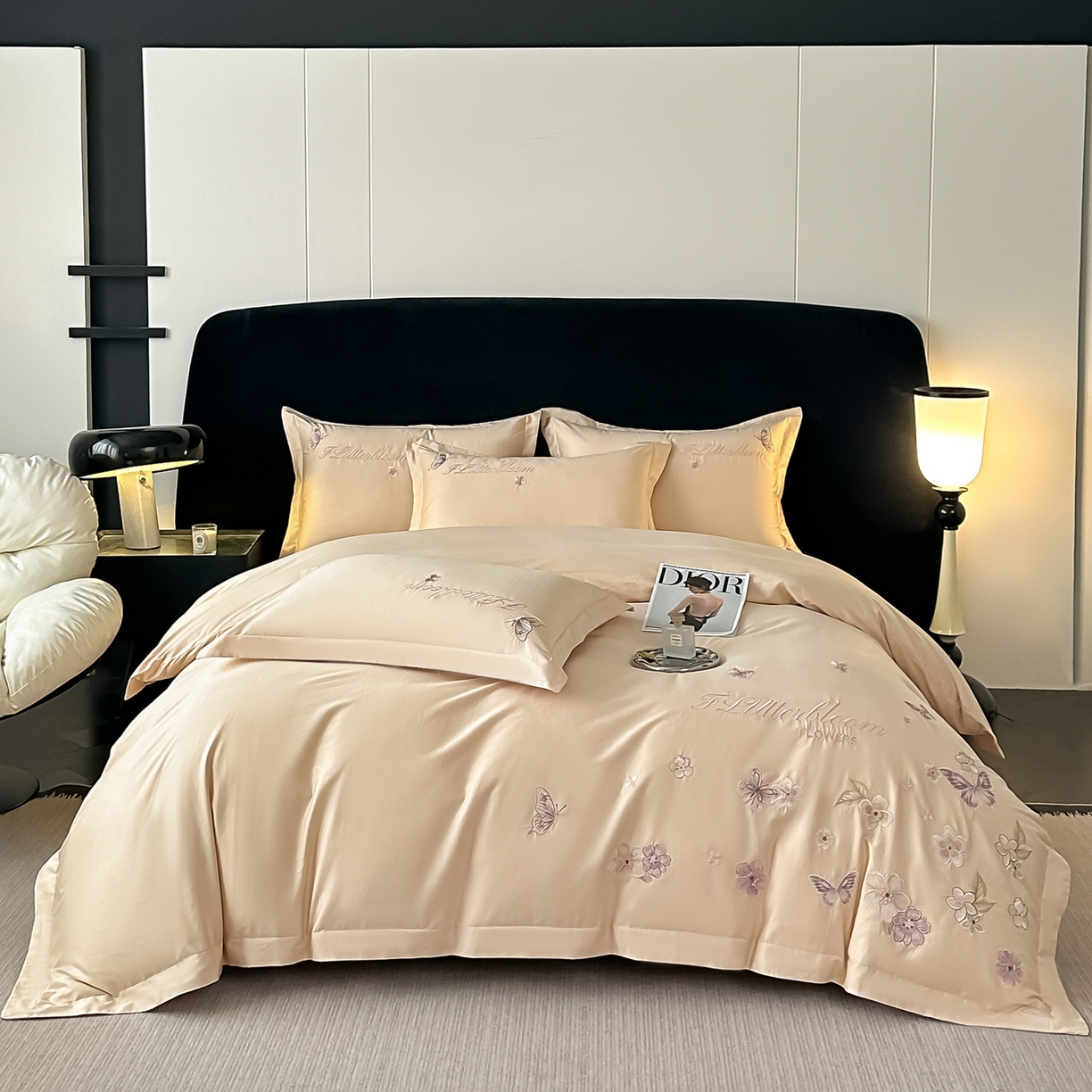 91家纺网 家纺一手货源 找家纺 （总）卡诗兰 2025新款A类50S双股全棉贡缎长绒棉刺绣四件套-飞舞蝴蝶系列(高档礼盒装)