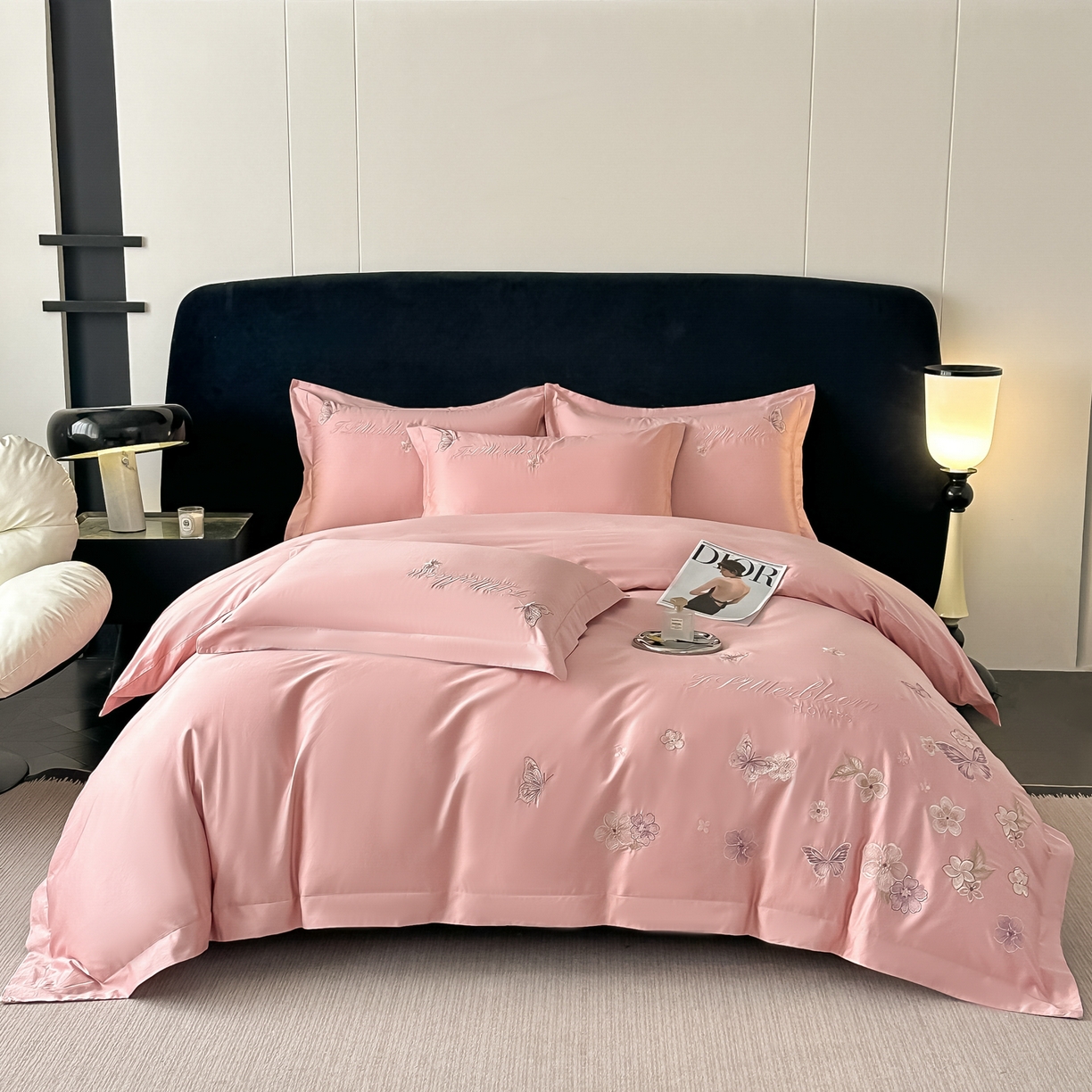 91家纺网 家纺一手货源 找家纺 （总）卡诗兰 2025新款A类50S双股全棉贡缎长绒棉刺绣四件套-飞舞蝴蝶系列(高档礼盒装)