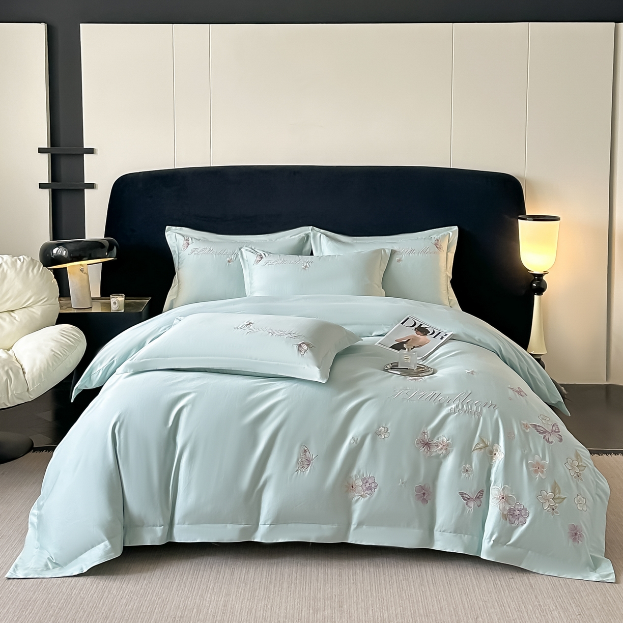 卡诗兰 2025新款A类50S双股全棉贡缎长绒棉刺绣四件套-飞舞蝴蝶系列(高档礼盒装) 飞舞蝴蝶 钻石水绿