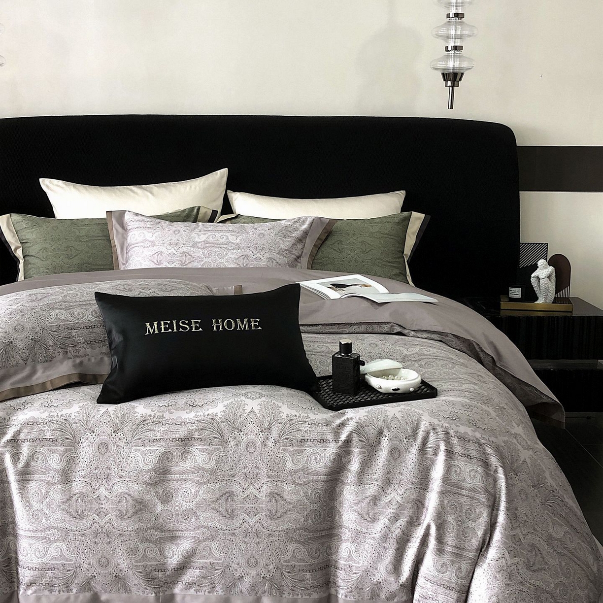 91家纺网 家纺一手货源 找家纺 咏绒家纺工厂店 2025新款高定美式复古风100s长绒棉四件套纯棉全棉数码印花高级被套裸睡 巴洛克-高级灰