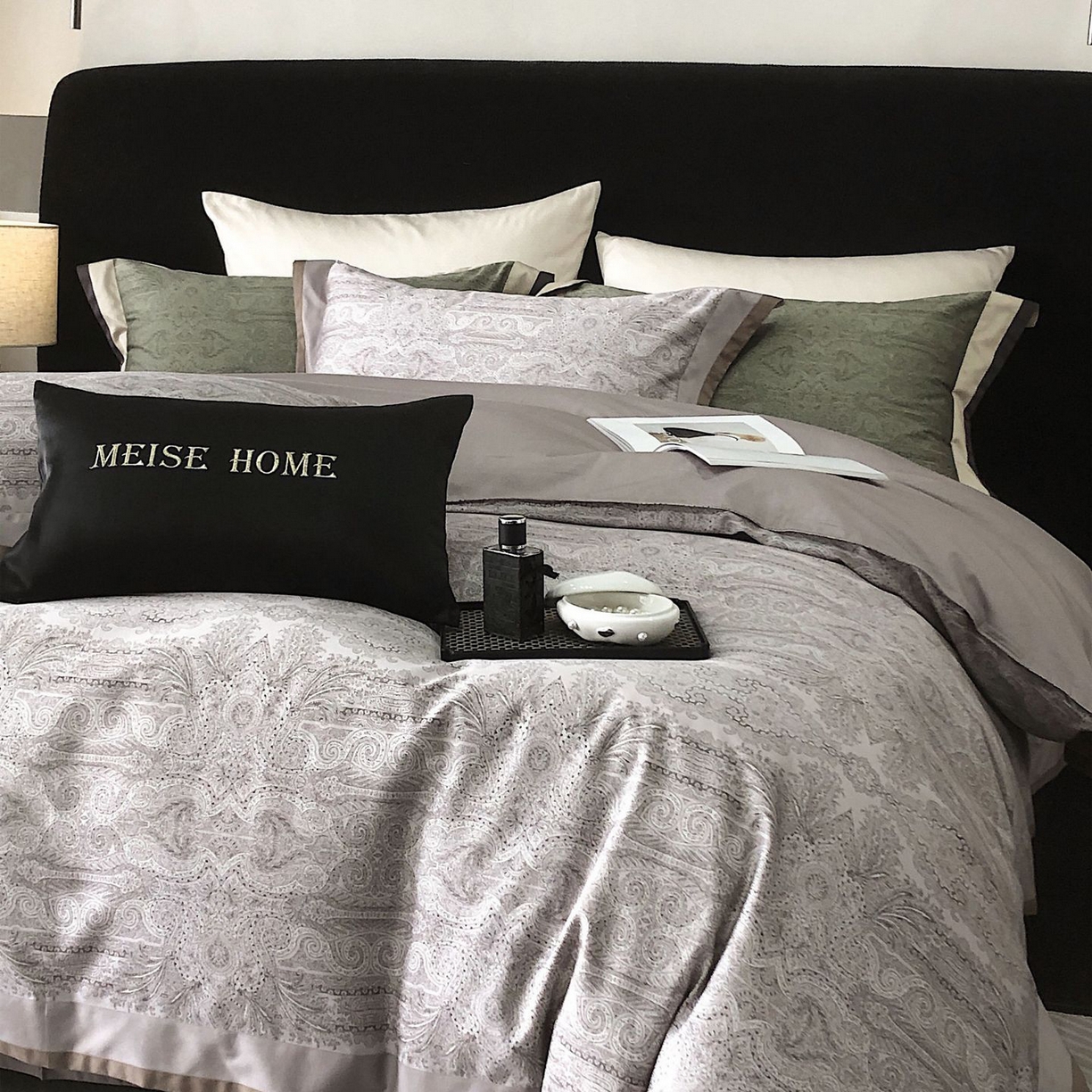 91家纺网 家纺一手货源 找家纺 咏绒家纺工厂店 2025新款高定美式复古风100s长绒棉四件套纯棉全棉数码印花高级被套裸睡 巴洛克-高级灰