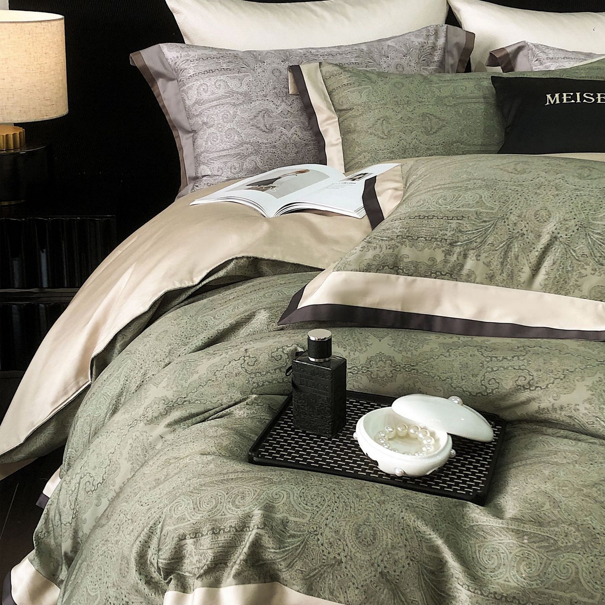 咏绒家纺工厂店 2025新款高定美式复古风100s长绒棉四件套纯棉全棉数码印花高级被套裸睡 巴洛克-古琦绿