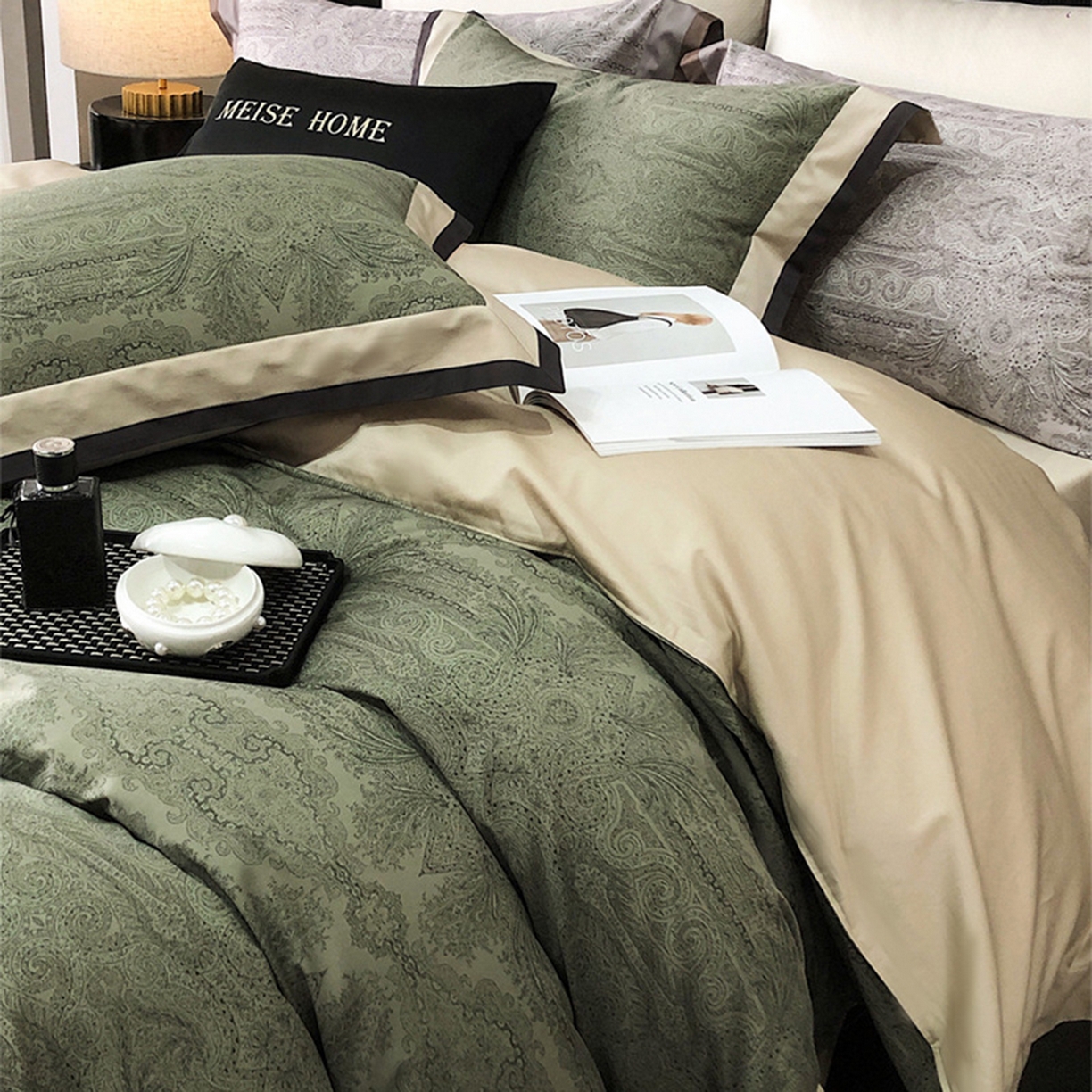 91家纺网 家纺一手货源 找家纺 咏绒家纺工厂店 2025新款高定美式复古风100s长绒棉四件套纯棉全棉数码印花高级被套裸睡 巴洛克-古琦绿