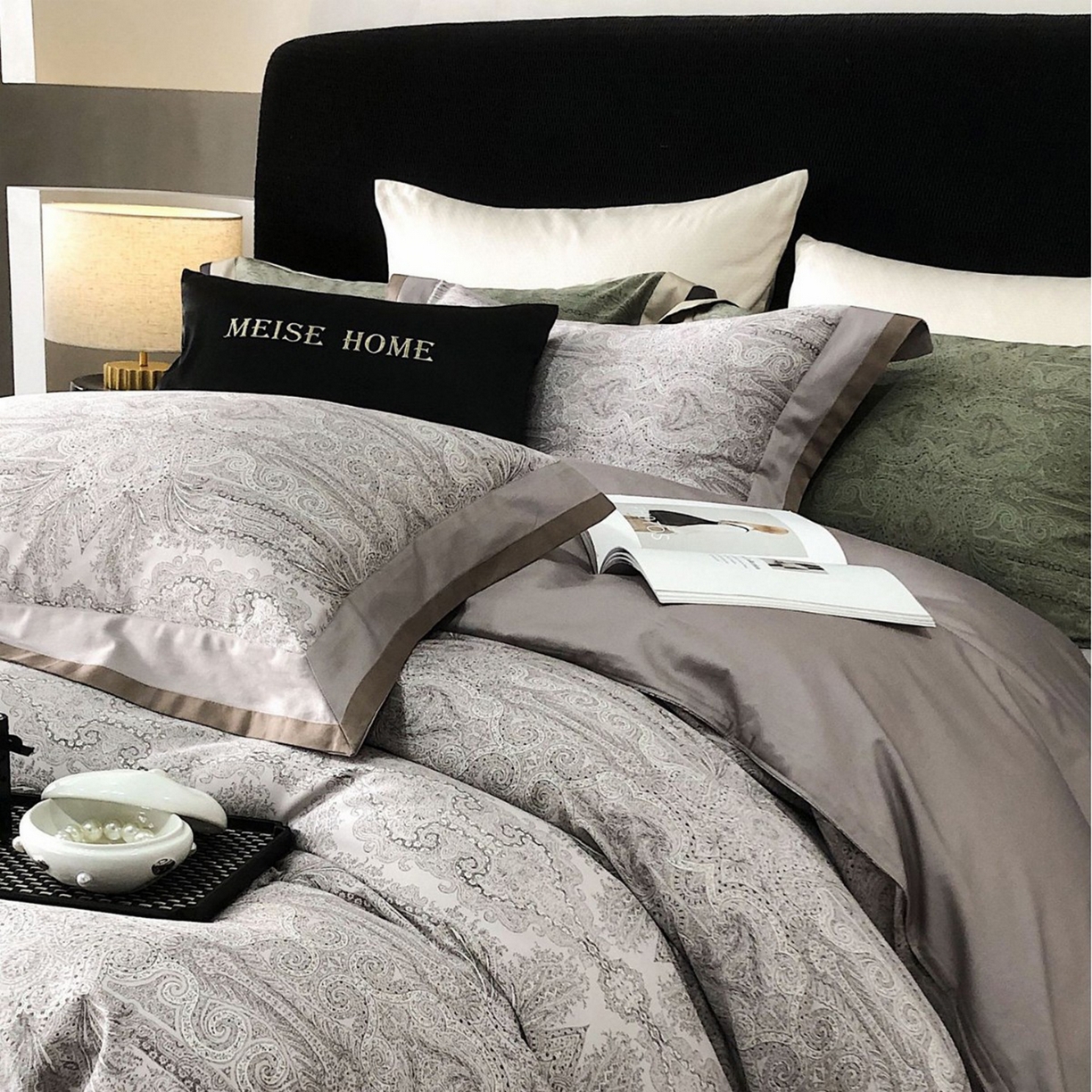 咏绒家纺工厂店 2025新款高定美式复古风100s长绒棉四件套纯棉全棉数码印花高级被套裸睡 巴洛克-高级灰