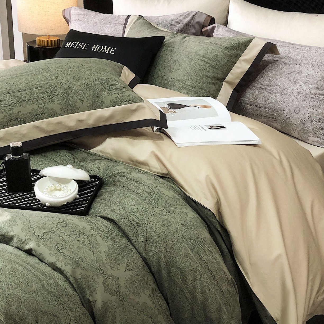 91家纺网 家纺一手货源 找家纺 咏绒家纺工厂店 2025新款高定美式复古风100s长绒棉四件套纯棉全棉数码印花高级被套裸睡 巴洛克-古琦绿