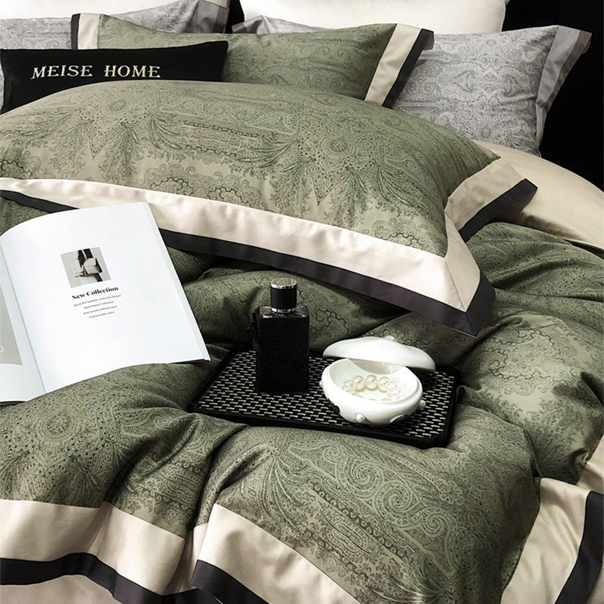 91家纺网 家纺一手货源 找家纺 咏绒家纺工厂店 2025新款高定美式复古风100s长绒棉四件套纯棉全棉数码印花高级被套裸睡 巴洛克-古琦绿