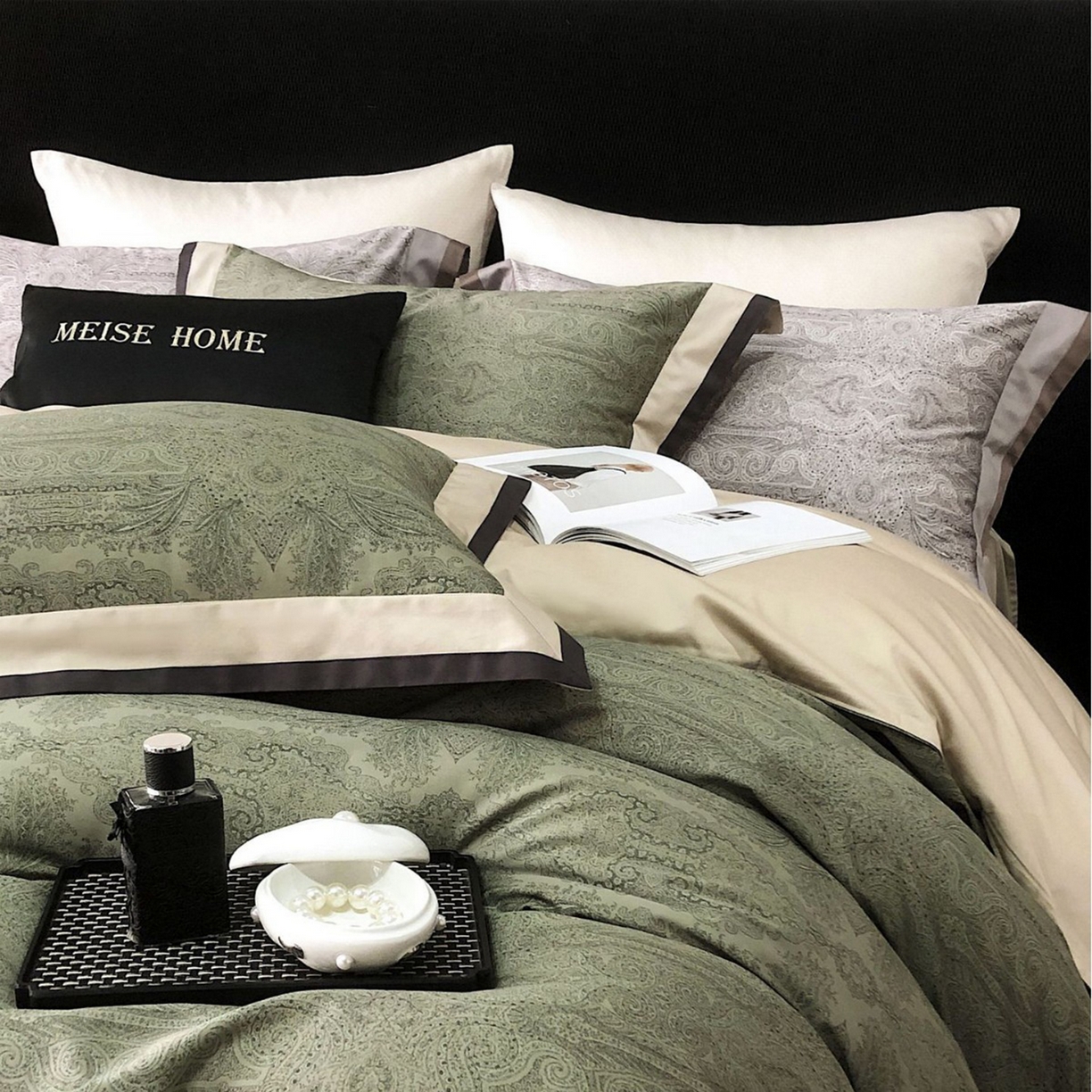 91家纺网 家纺一手货源 找家纺 咏绒家纺工厂店 2025新款高定美式复古风100s长绒棉四件套纯棉全棉数码印花高级被套裸睡 巴洛克-古琦绿