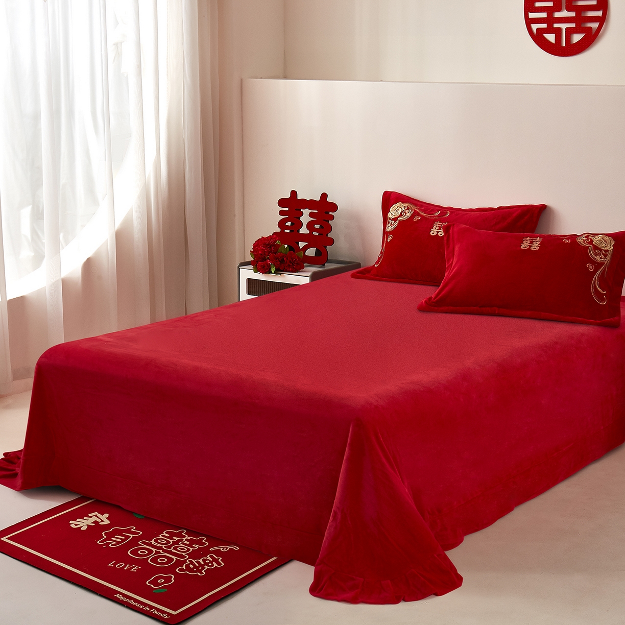 91家纺网 家纺一手货源 找家纺 浩情国际婚庆供货中心 2026新品婚庆加厚全消光牛奶绒四件套系列 双喜临门