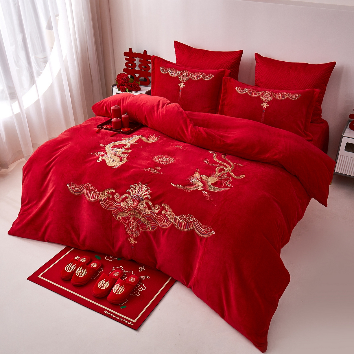 91家纺网 家纺一手货源 找家纺 浩情国际婚庆供货中心 2026新品婚庆加厚全消光牛奶绒四件套系列 龙凤呈祥