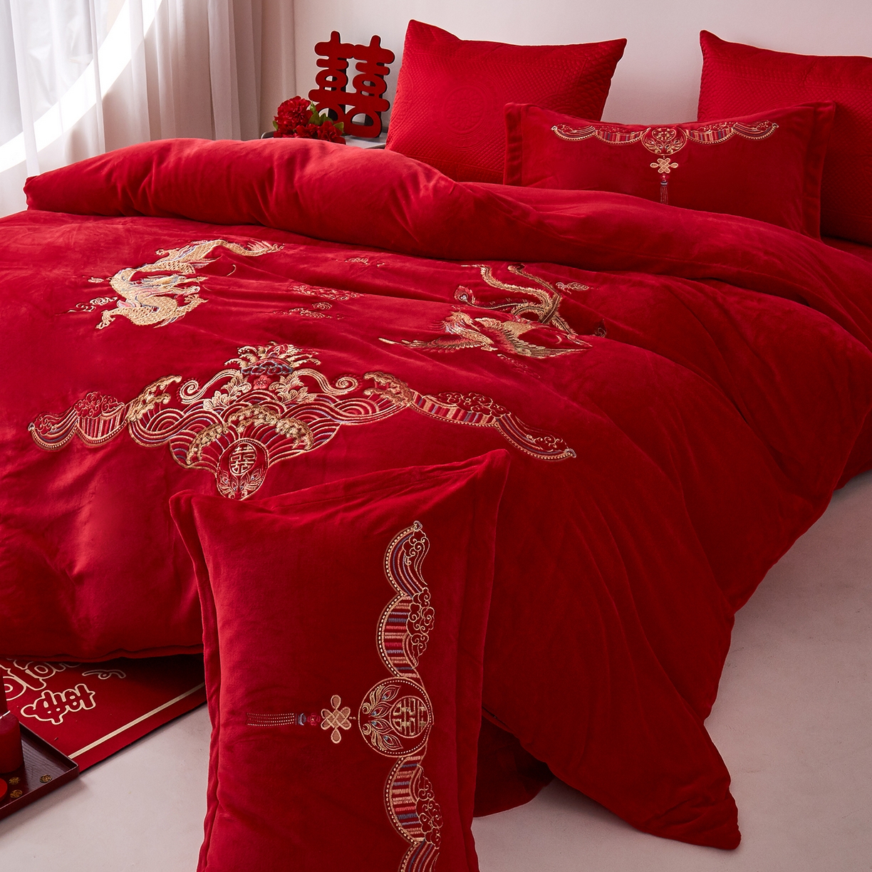 91家纺网 家纺一手货源 找家纺 浩情国际婚庆供货中心 2026新品婚庆加厚全消光牛奶绒四件套系列 龙凤呈祥