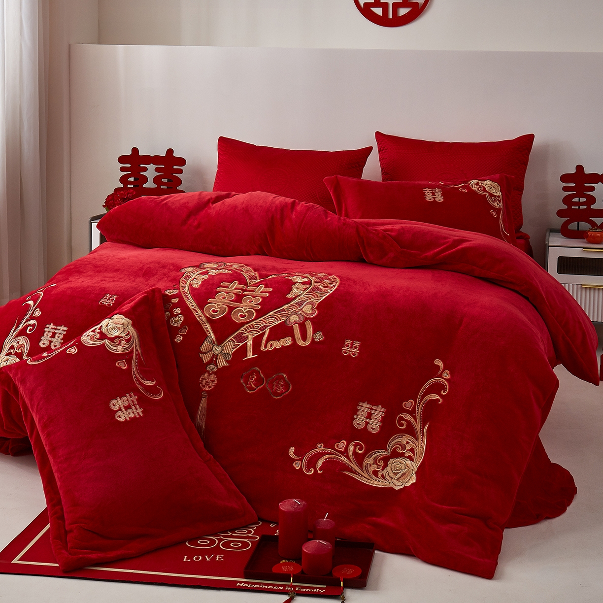 91家纺网 家纺一手货源 找家纺 浩情国际婚庆供货中心 2026新品婚庆加厚全消光牛奶绒四件套系列 双喜临门