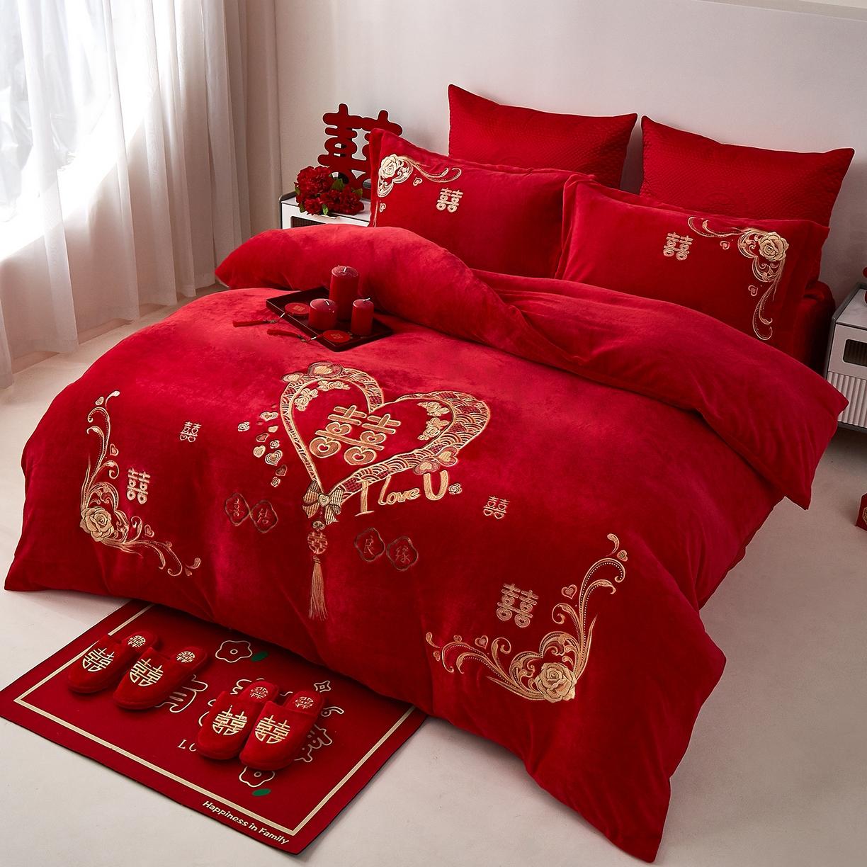 91家纺网 家纺一手货源 找家纺 浩情国际婚庆供货中心 2026新品婚庆加厚全消光牛奶绒四件套系列 双喜临门