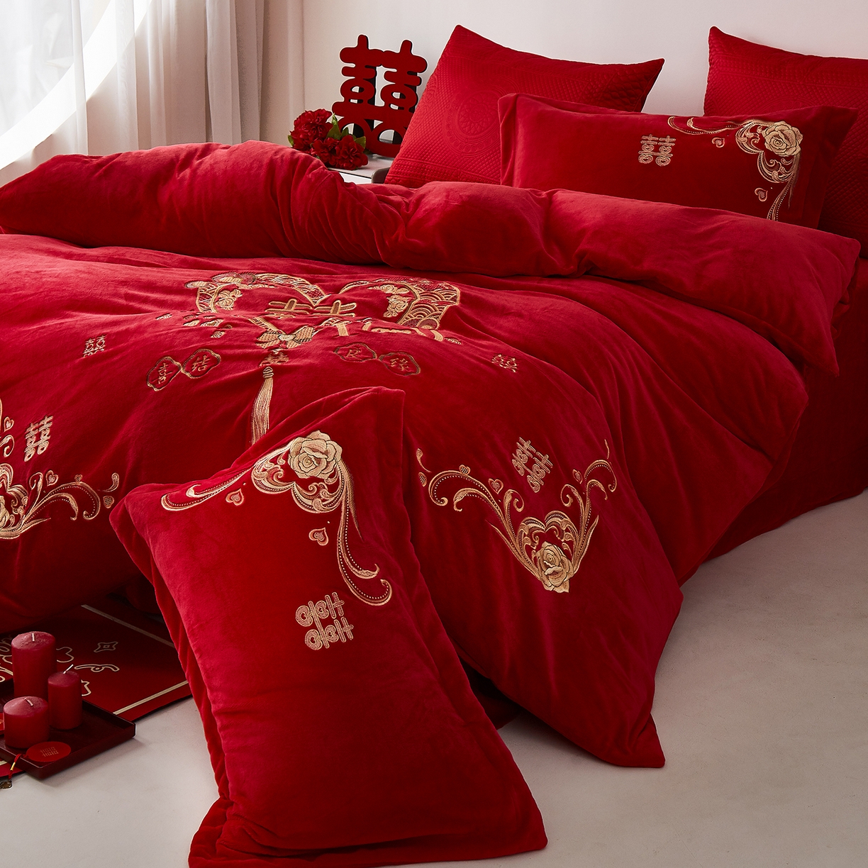 91家纺网 家纺一手货源 找家纺 浩情国际婚庆供货中心 2026新品婚庆加厚全消光牛奶绒四件套系列 双喜临门