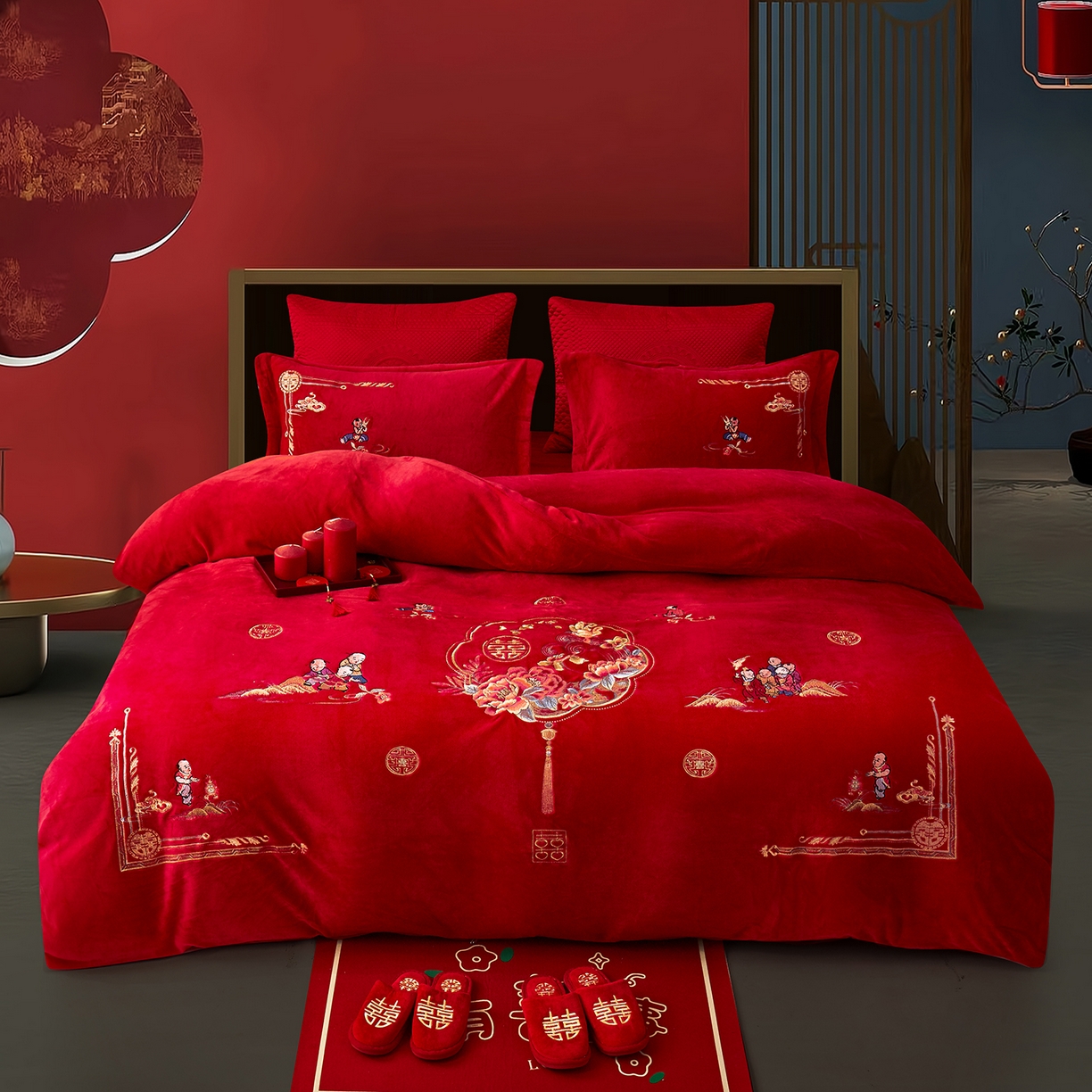 浩情国际婚庆供货中心 2026新品婚庆加厚全消光牛奶绒四件套系列 欢喜百子