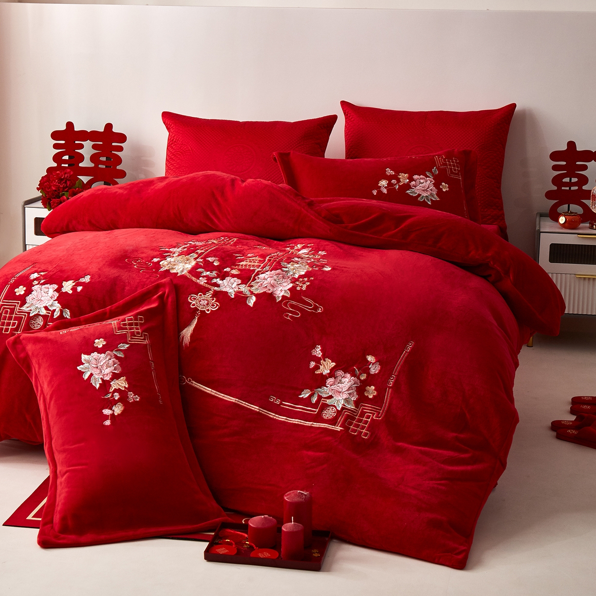 91家纺网 家纺一手货源 找家纺 浩情国际婚庆供货中心 2026新品婚庆加厚全消光牛奶绒四件套系列 富贵满堂