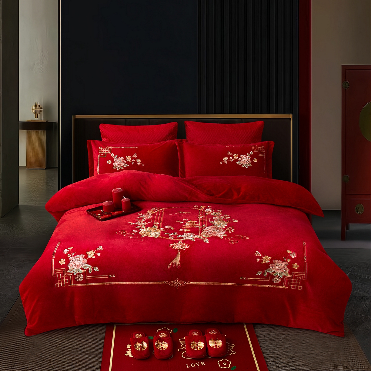 浩情国际婚庆供货中心 2026新品婚庆加厚全消光牛奶绒四件套系列 富贵满堂